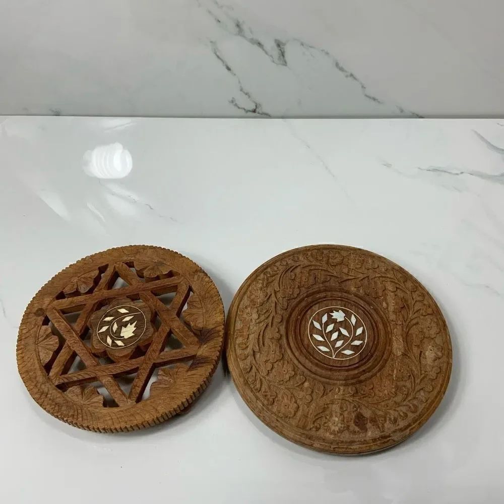 VINTAGE Carved wood trivets with opal inlays.